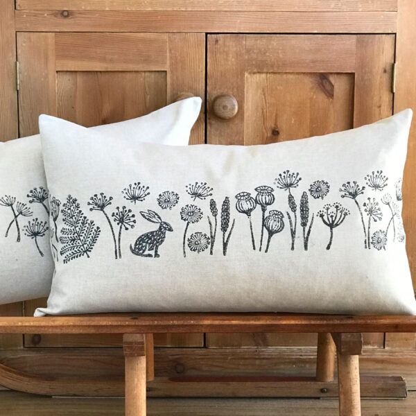 Hare Meadow Handprinted Bolster Cushion - Image 2