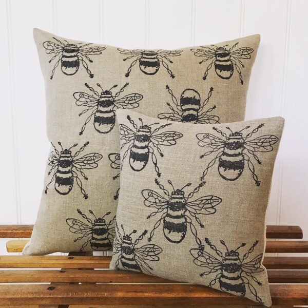 Bee Print Cushion on Natural Flax Linen - Image 2
