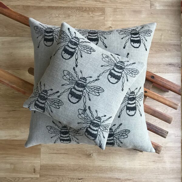Bee Print Cushion on Natural Flax Linen