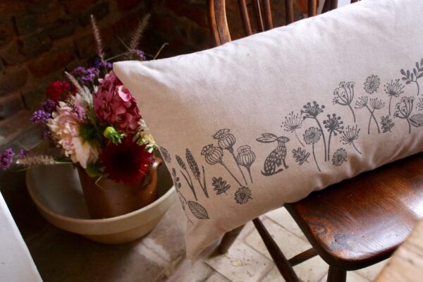 Hare Meadow Handprinted Bolster Cushion