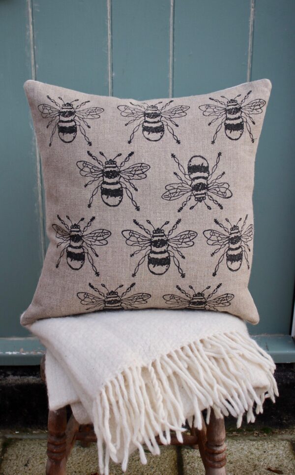 Bee Print Cushion on Natural Flax Linen - Image 5