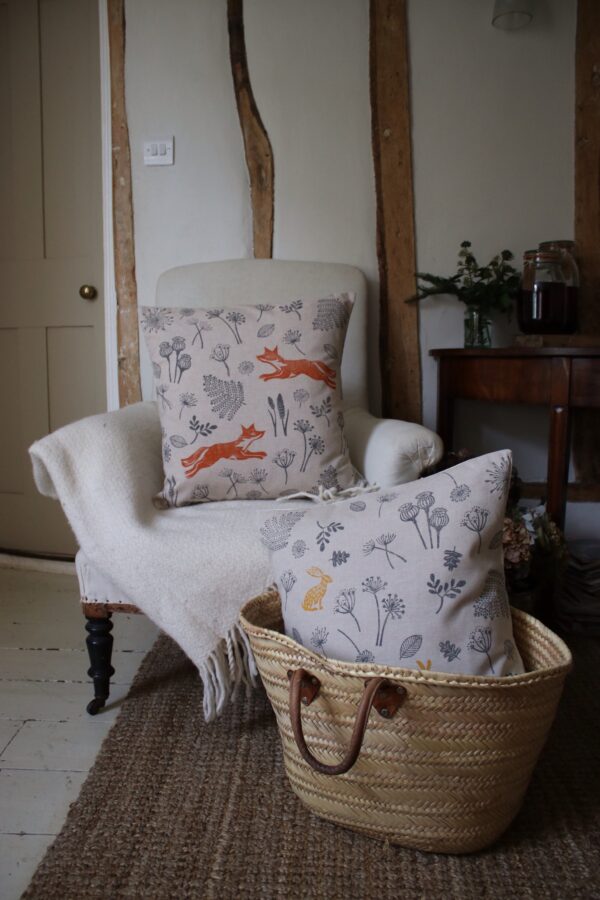 Mustard & Grey Hare Meadow Cushion - Handprinted, Hand Sewn Hare and Seed-Head motif - Image 2