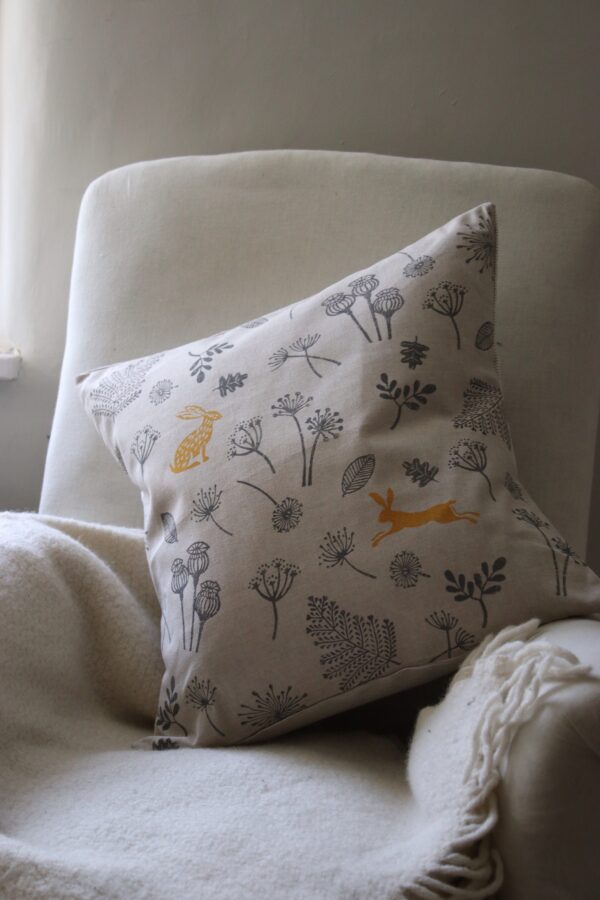 Mustard & Grey Hare Meadow Cushion - Handprinted, Hand Sewn Hare and Seed-Head motif
