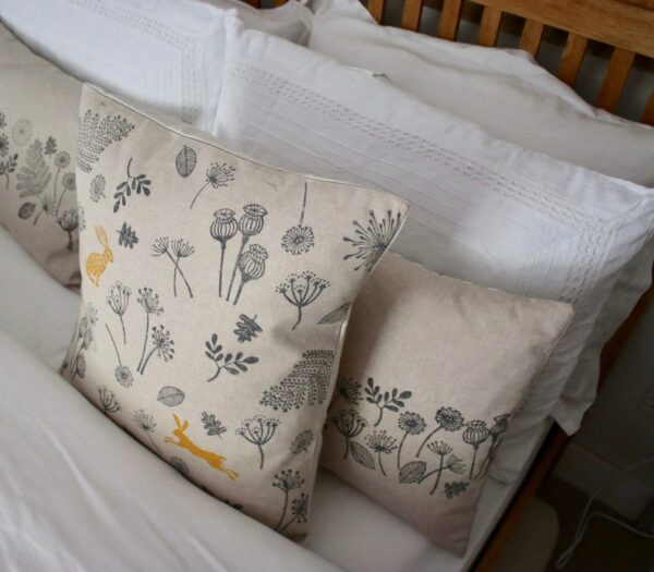 Mustard & Grey Hare Meadow Cushion - Handprinted, Hand Sewn Hare and Seed-Head motif - Image 3