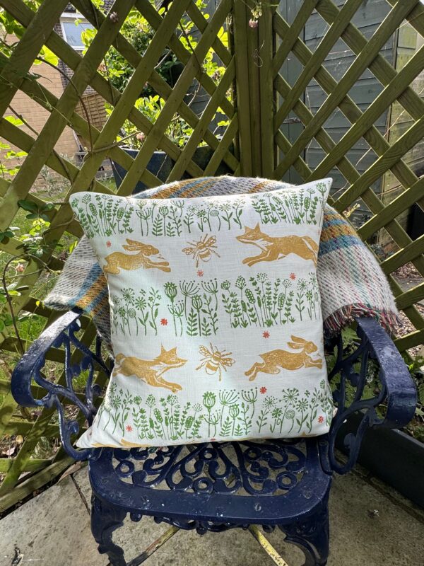 The Hare The Fox and The Bee Meadowprint Linen Cushion - Image 3
