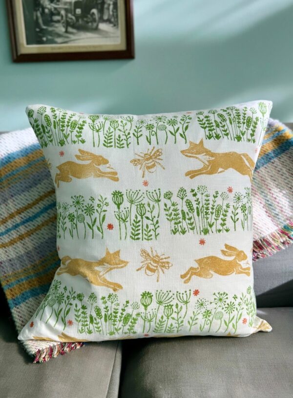 The Hare The Fox and The Bee Meadowprint Linen Cushion - Image 4
